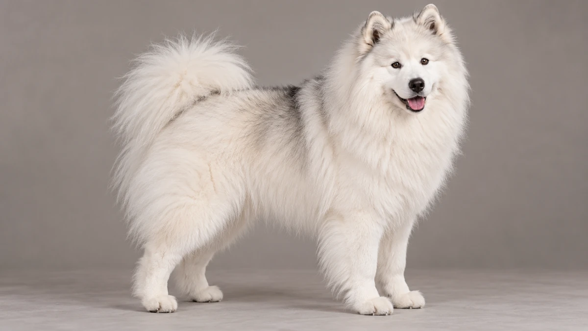 Samoyed köpek — beyaz + gümüş gölge renk