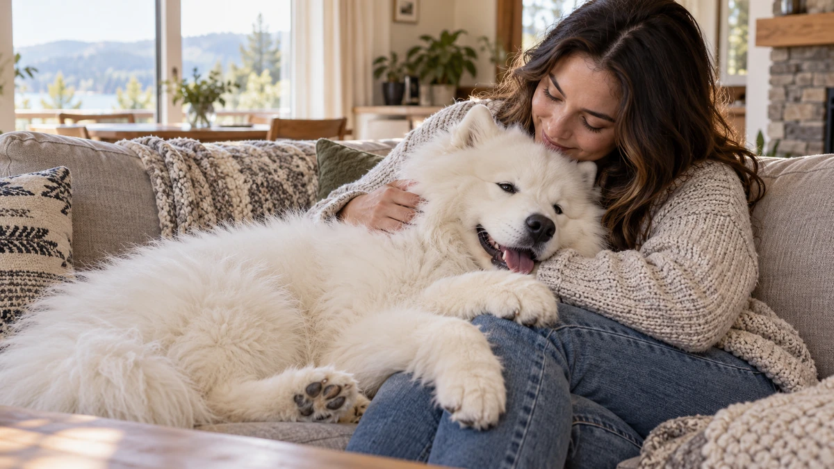 Samoyed köpek — sahibinin kucağında