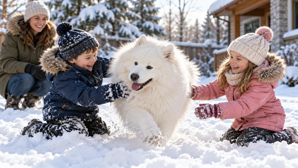 Samoyed köpek — çocuklarla oyun