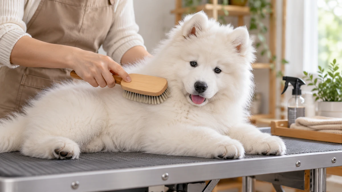 Samoyed yavru köpek — tüy bakımı ve fırçalama