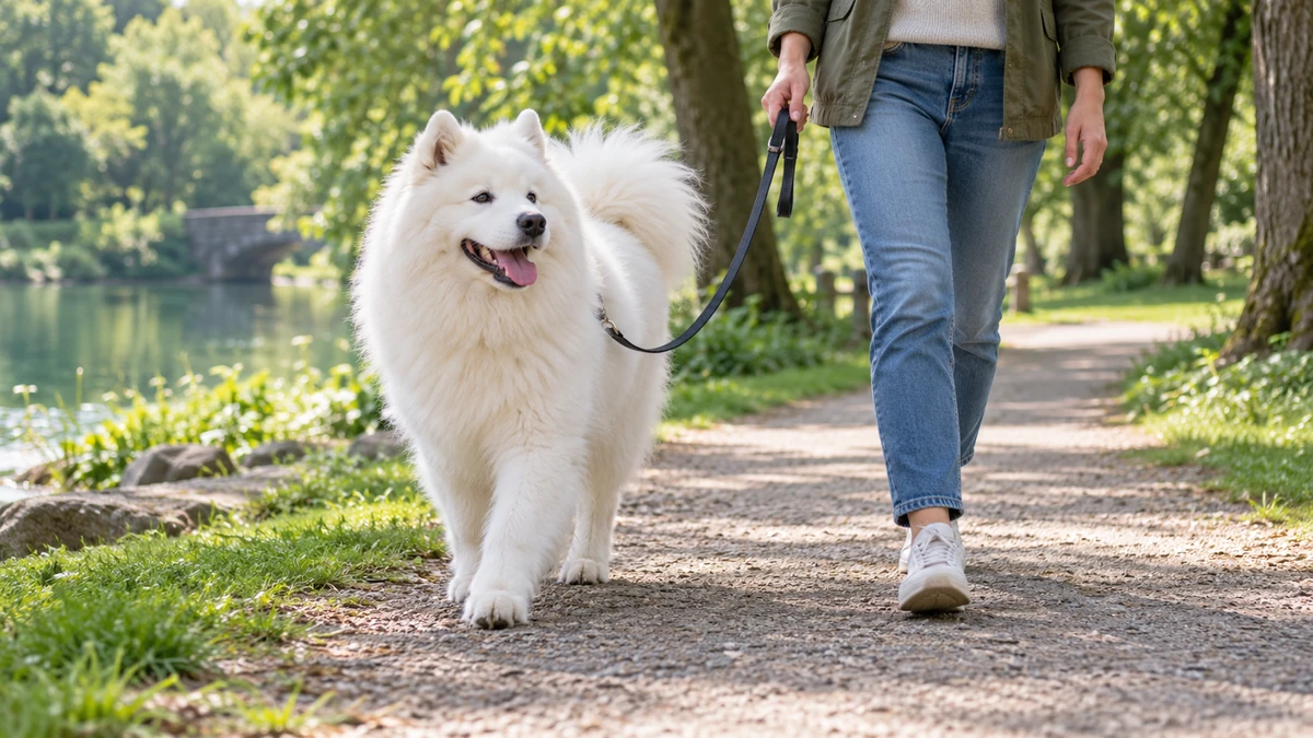 Samoyed köpek — parkta yürüyüş ve egzersiz